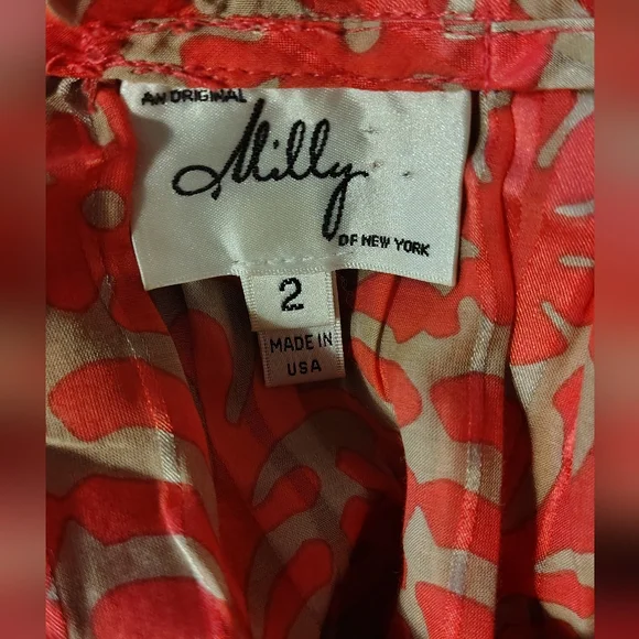 NWOT Milly Coral Red & Tan Leafy Abstract Floral Ruffle Blouse Silk Top M - Picture 6 of 10